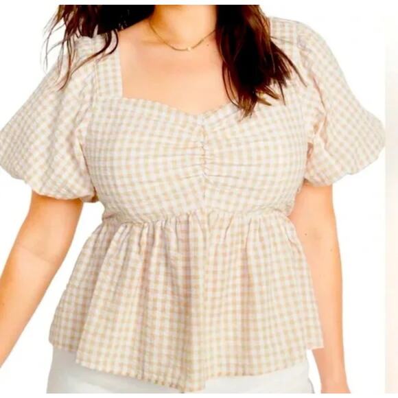 Old Navy Women Puff-Sleeve Smocked Seersucker Babydoll Top 3X Yellow Tan Gingham - Picture 2 of 16